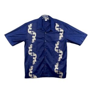 YMLA Shirt Men XL Blue Dragon Print Short Sleeve Button Up Corpore Classic Retro